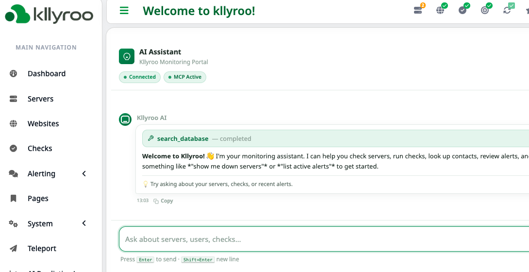 Kllyroo AI assistant answering a question about infrastructure