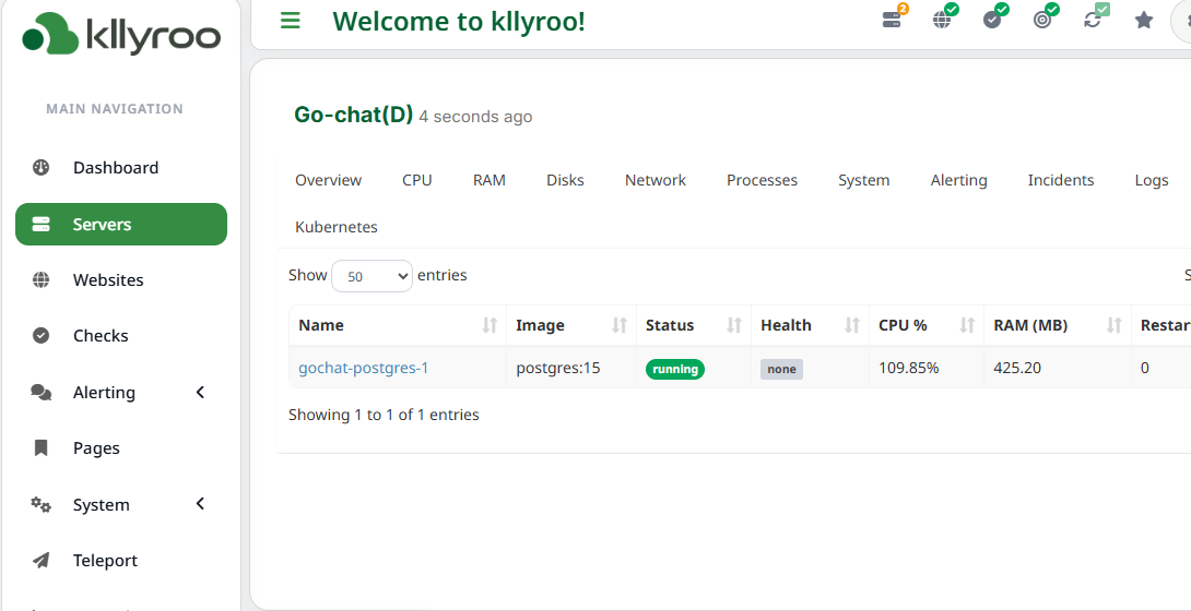 Kllyroo container list with status, health, CPU and memory