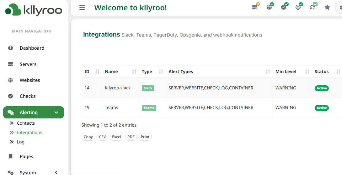 Kllyroo alert integrations for Slack and Teams