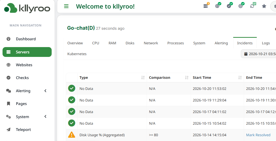 Kllyroo server incidents list with resolved and open incidents