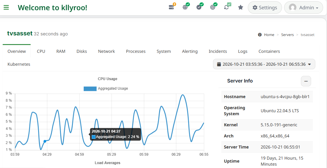 Kllyroo server overview with CPU graph and server info