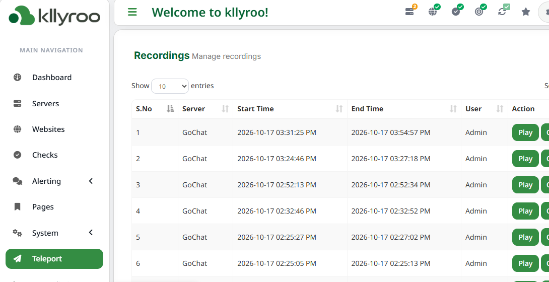 Kllyroo list of recorded SSH sessions with Play buttons